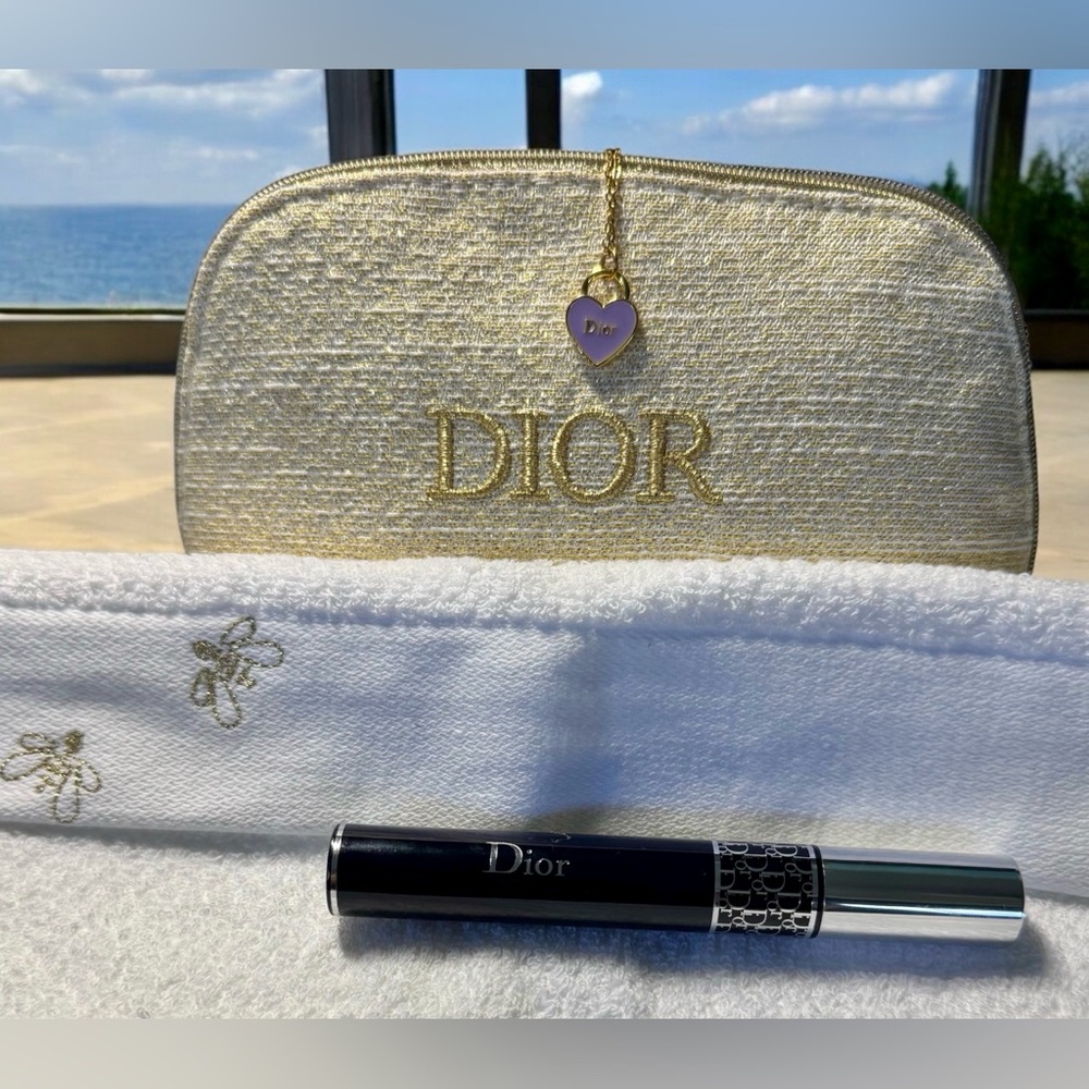 Dior makeup pouch, necklace and Mascara with a Guerlain Paris facecloth